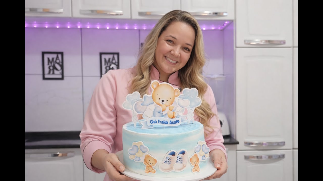 BOLO PARA CHÁ DE BEBÊ | Chantilly Azul Marmorizado Efeito Nuvens + Topo de Bolo | Passo a Passo