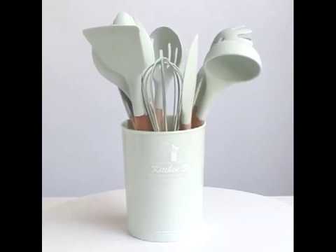12pcs Silicone Cooking Utensils Set With Wooden Handle - YouTube