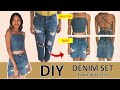 DIY Denim set from old jeans - Refashion jeans into crop top & skirt