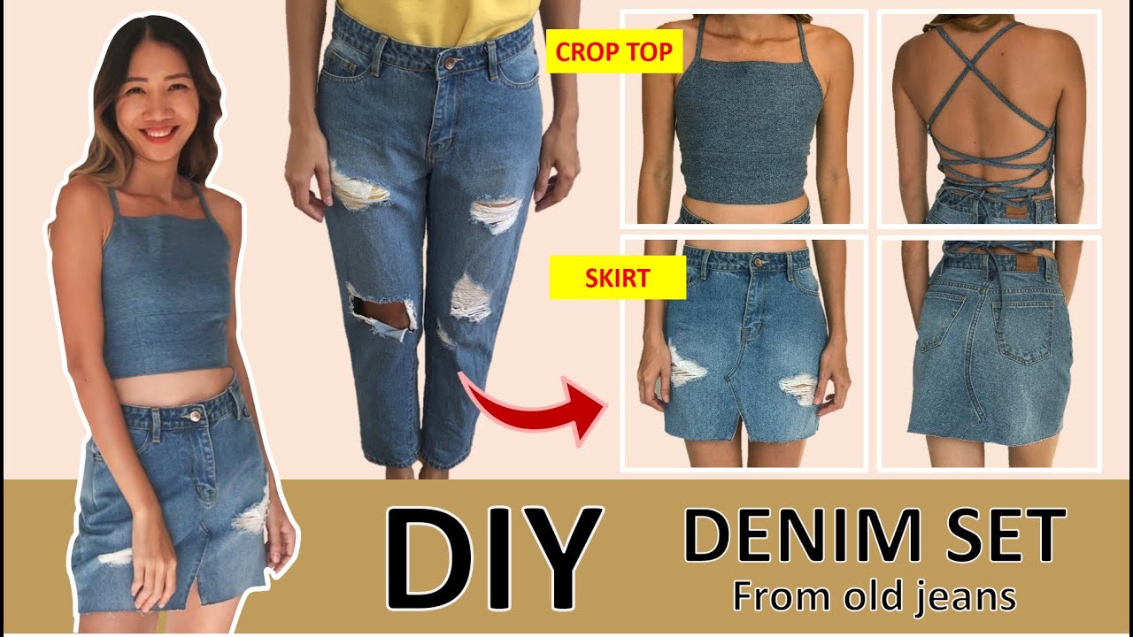 DIY Denim set from old jeans - Refashion jeans into crop top & skirt ...