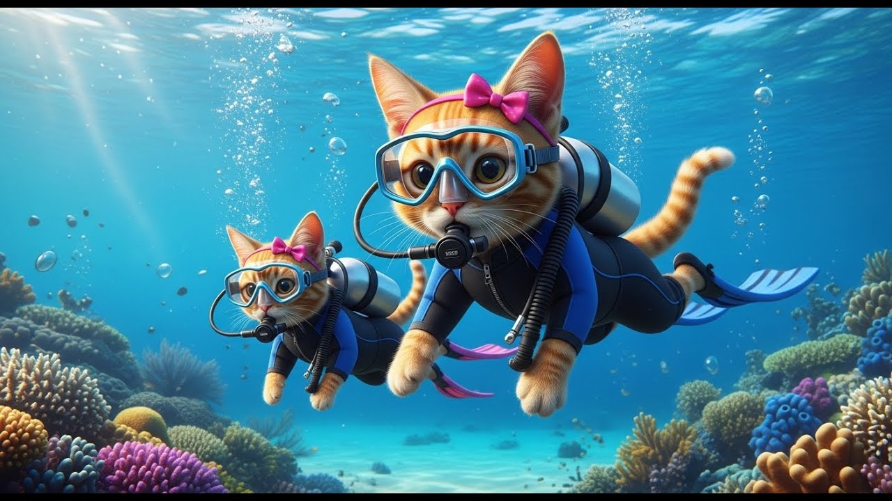 Mini mother cat and kitten enjoy a weekend scuba diving and beach adventure🌊🐠🏖️🐾