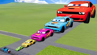 Big & Small Dodge Challenger SRT Hellcat Lightning McQueen VS Train | BeamNG.drive