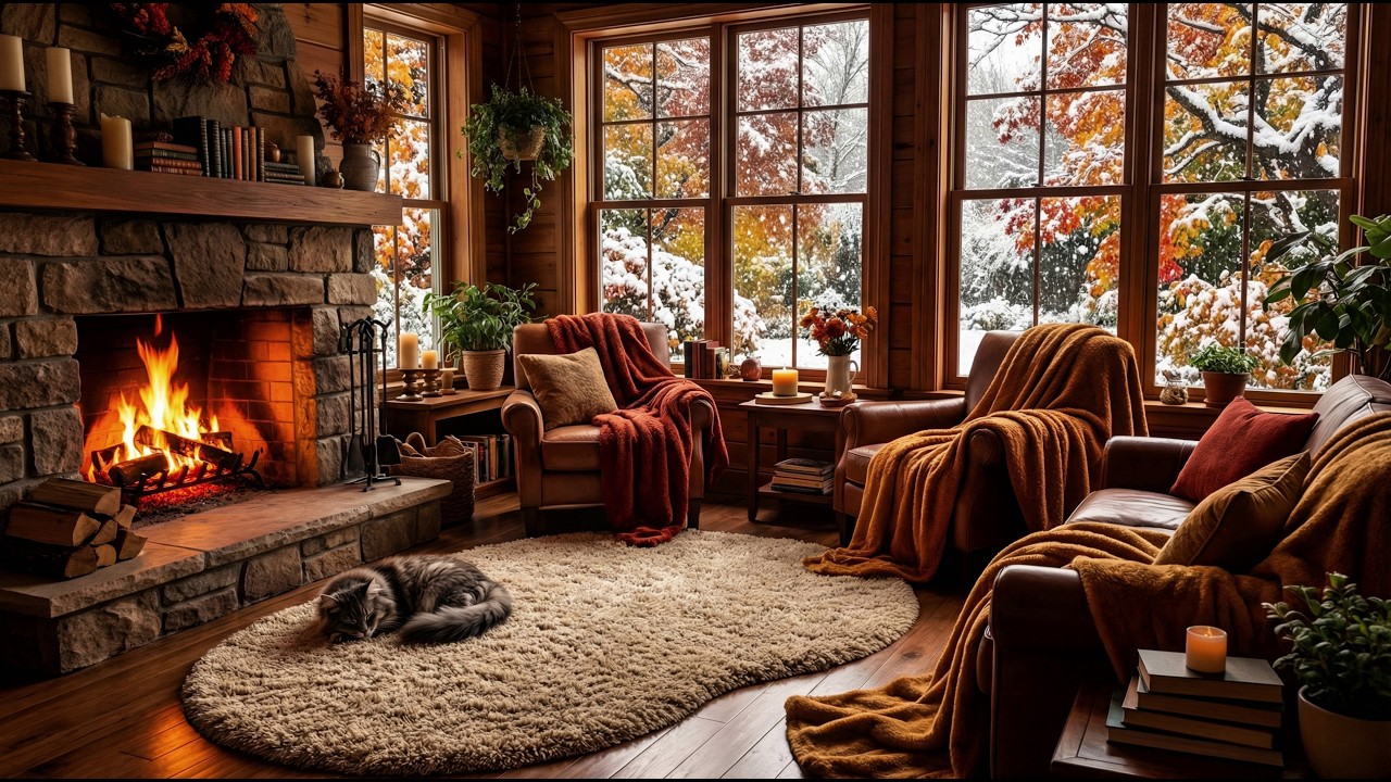 Cozy Cabin Fireplace & Soft Jazz Lounge → 4 Hours Warm Winter Vibes