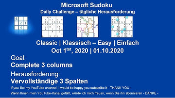 Sudoku Classic - Easy | Oct 1, 2020 | Goal: Complete 3 columns