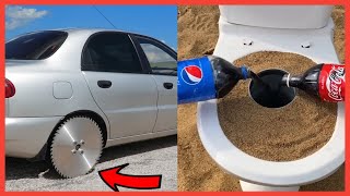 EXPERIMENT  SAW BLADE WHEELS ON A REAL CAR AND COCA COLA AND MENTOS UNDERGROUND