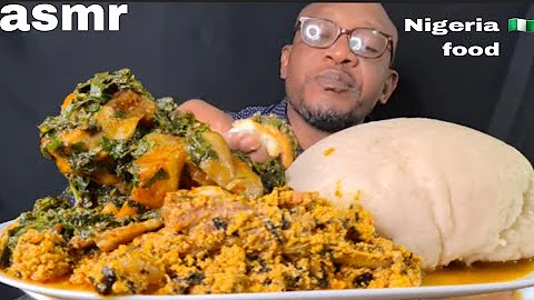 ASMR NIGERIA 🇳🇬 EGUSI MIXED WITH VEGETABLE,COW SKIN,COW LEGS,BEEF,WITH SEMOLINA FUFU MUKBANG