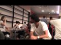 Philippoussis explains his dogwalking skills to Safin, Courier and Pioline in the Rio airport lounge