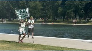 What appear to be algae supporters are marching down the Lincoln Memorial Reflecting Pool