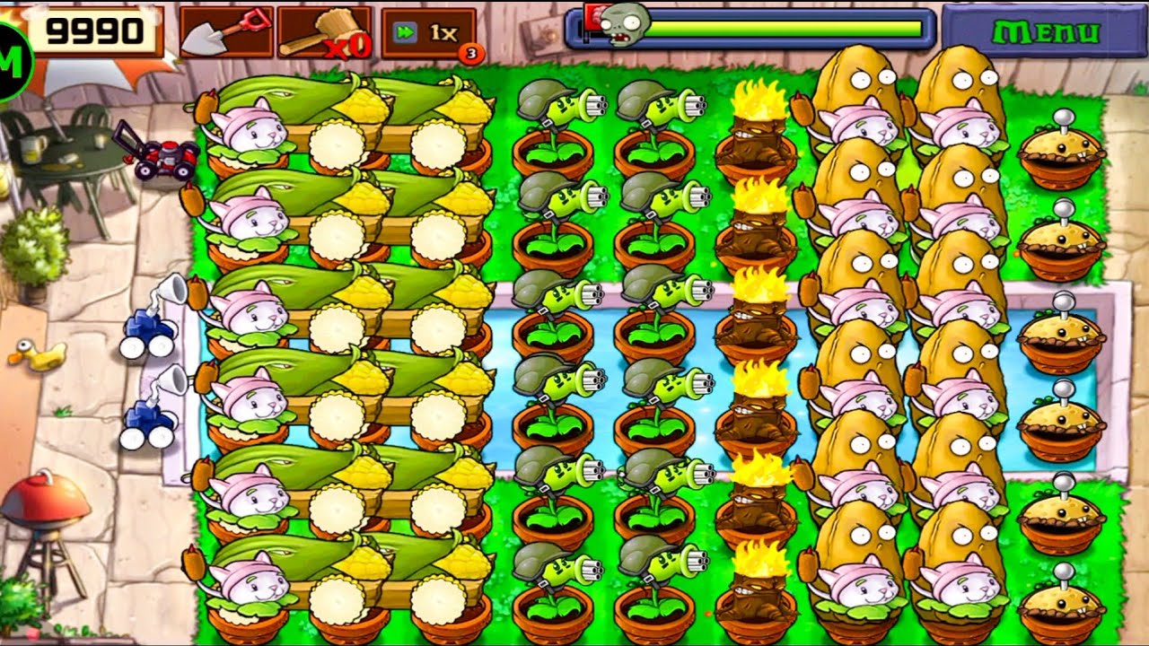 Plants Vs zombies Survival Pool Cob Cannon+Cattail+Gatling Pea+Torchwood Vs All Zombies Gameplay 