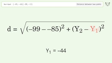 Find the distance between two points p1 (-85,-44) and p2 (-99,-11): Step-by-Step Video Solution