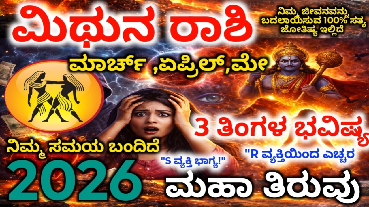 ಮಿಥುನ ರಾಶಿ 2026 : ಮಾರ್ಚ್-ಏಪ್ರಿಲ್-ಮೇ ಮಹಾ ಭವಿಷ್ಯ | 90 ದಿನಗಳಲ್ಲಿ ಜೀವನ ಕ್ರಾಂತಿ!Mithuna Rashi 2026