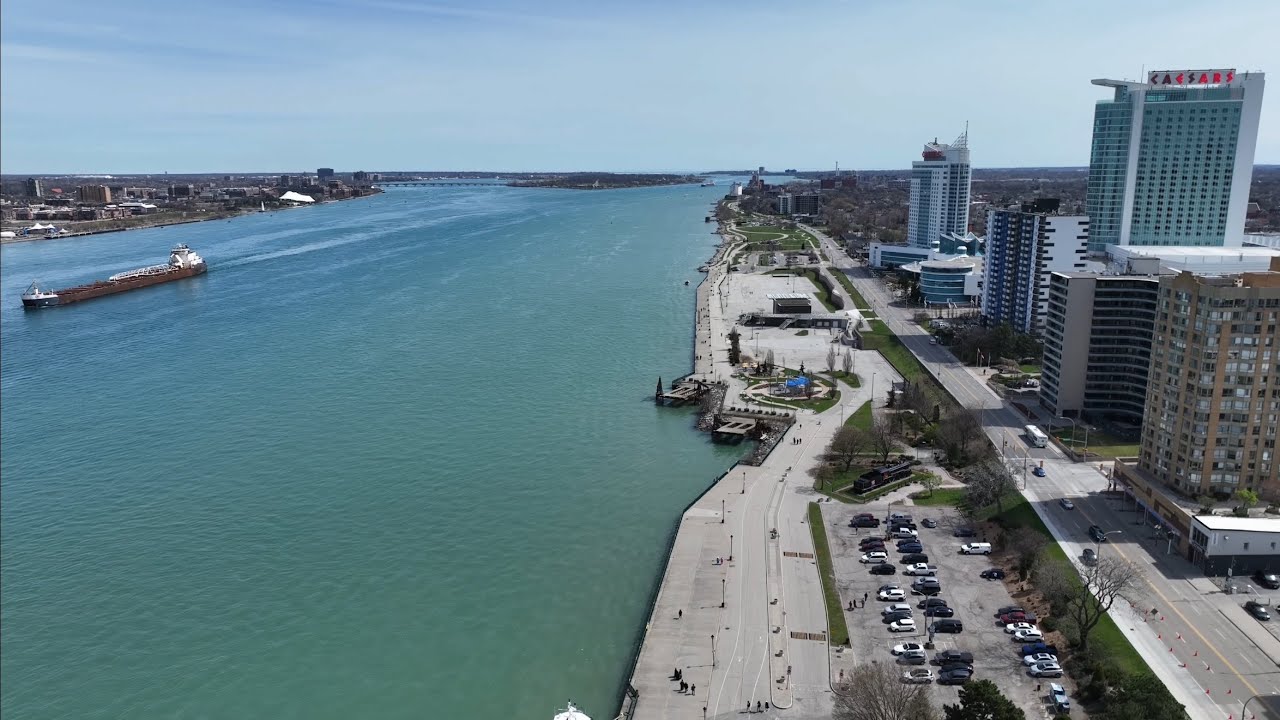 Drone 360 Above Windsor, Ontario, Canada Across River From Detroit, Michigan