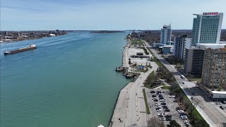 Drone 360 Above Windsor, Ontario, Canada Across River From Detroit, Michigan