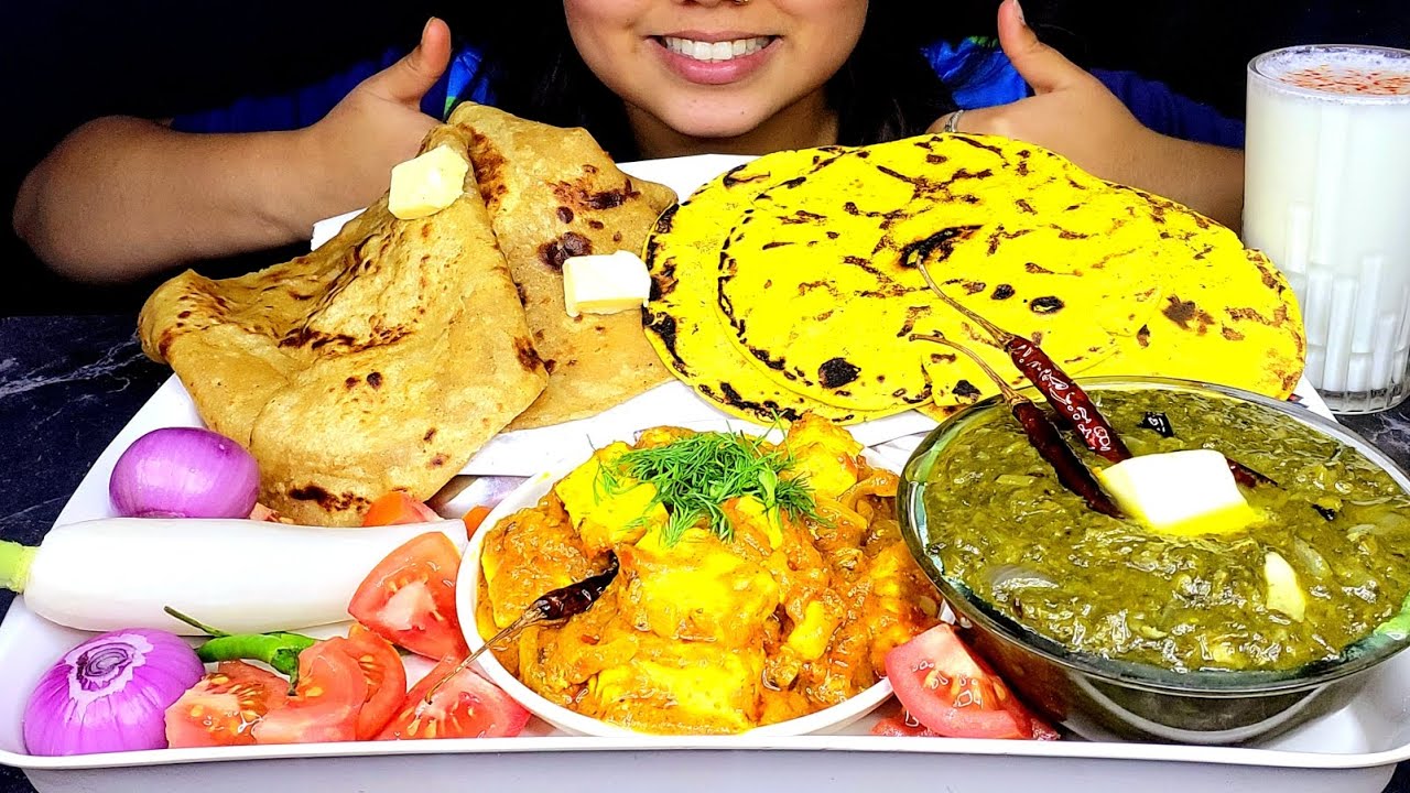 ASMR Eating Spicy punjabi style sarson ka saag,makki ki roti,kadhai panner,parathe,massala Lassi