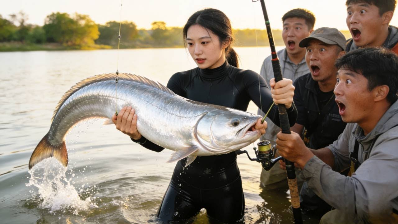 美女用手桿釣上169公斤大魚，破了老闆魚池的紀錄，差點把自己拉進水裡！【娜小娜爱钓鱼】#钓鱼