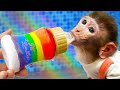 Baby Monkey BiBon drinks colorful milk, eats fruit taken care of by daddy | Animals Home Monkey