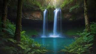 2 Hour: Peaceful Jungle Waterfall with Soft Electronic Music (Ambience Video)