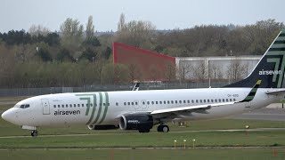 Farnborough. Storm Kathleen - 737 turbulent takeoff! AirSeven. OY-ASD. Plus Acropolis A320 G-KELT.