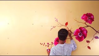 DIY ROOM DECOR || WALL FLOWER TREE PAINT WITH ACRYLIC COLOURS || ROOM DECORATION screenshot 5