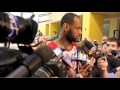 LeBron James speaks during Miami Heat practice before NBA Finals