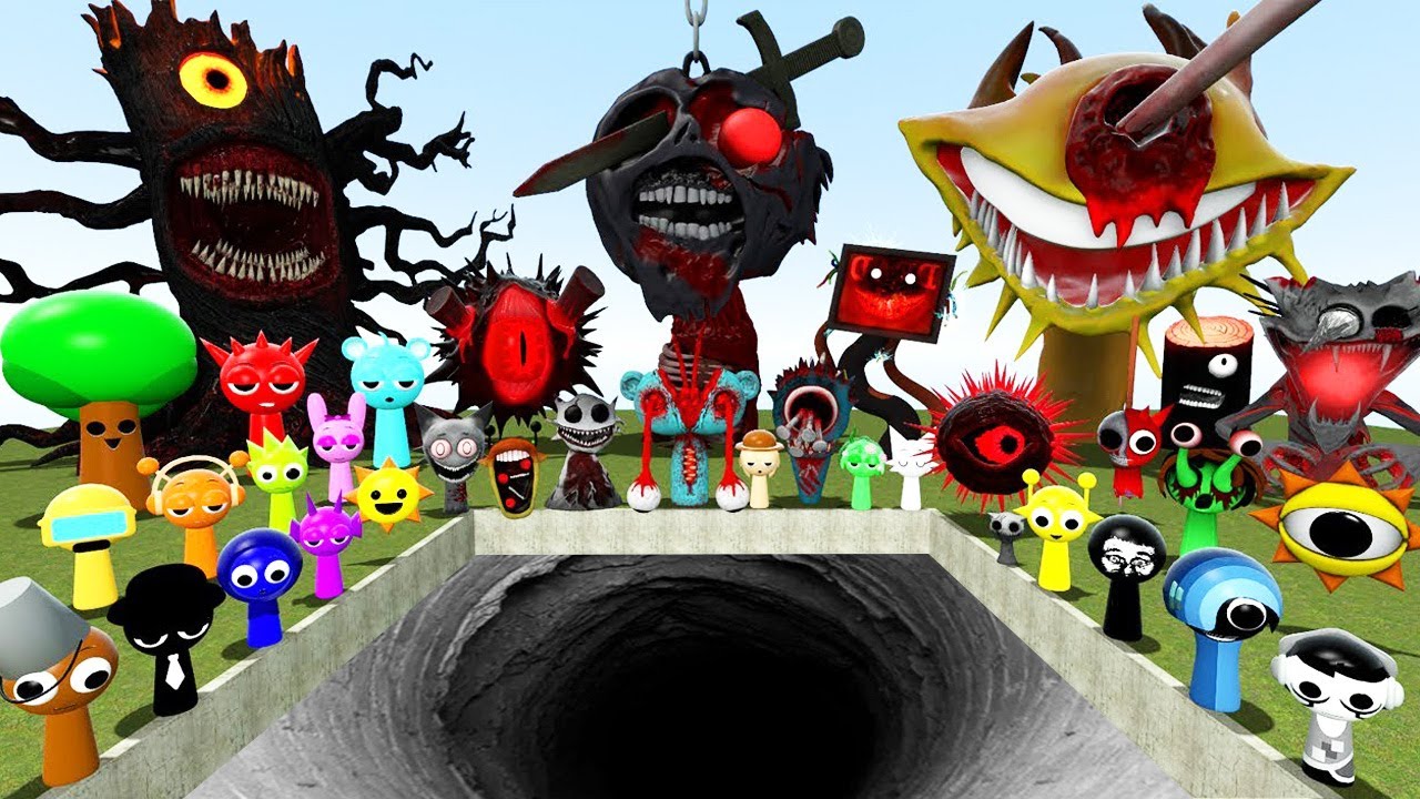 DESTROY SPRUNKI MR SUN MOON TREE FUN COMPUTER ALL PHASE in DEEP HOLE (Garry's Mod Sandbox)