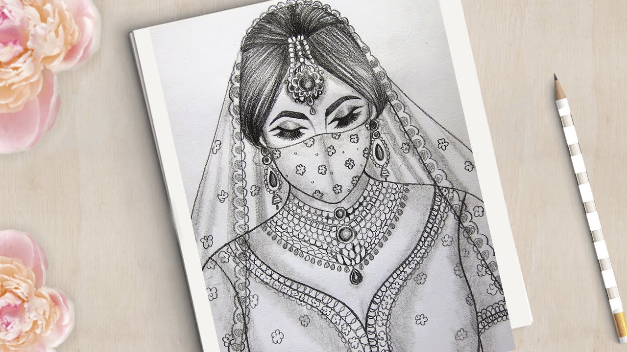 How to draw a Traditional Bride with mask Easy || Beautiful Bride ...