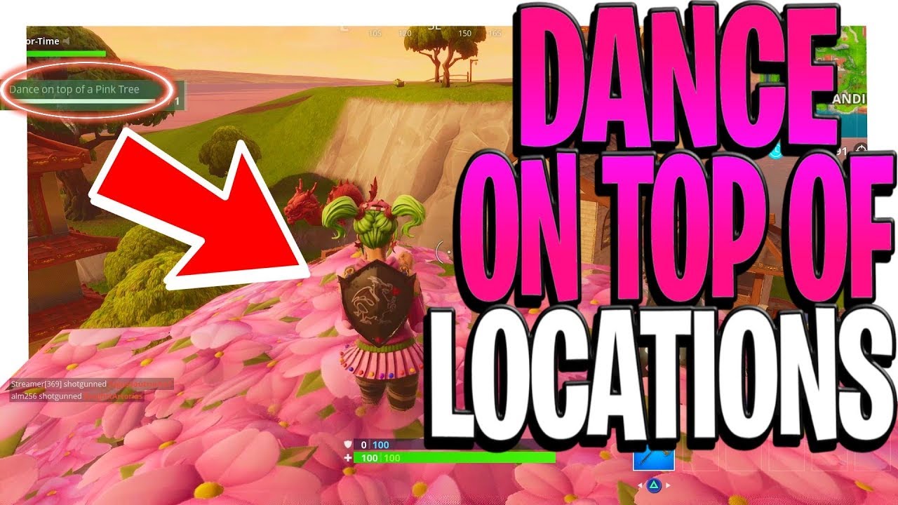 dance on top of challenge fortnite clock tower pink tree and giant porcelain throne locations - fortnite pink tree location