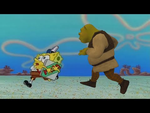 Shrek trying to get a pizza from Spongebob