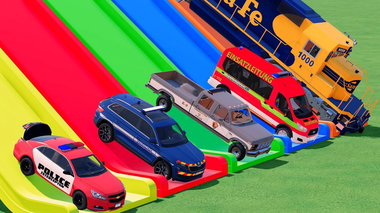 COLORS POLICE CARS, FIRE DEPARTMENT, AMBULANCE VEHICLES WITH TRUCKS ! Farming Simulator 22