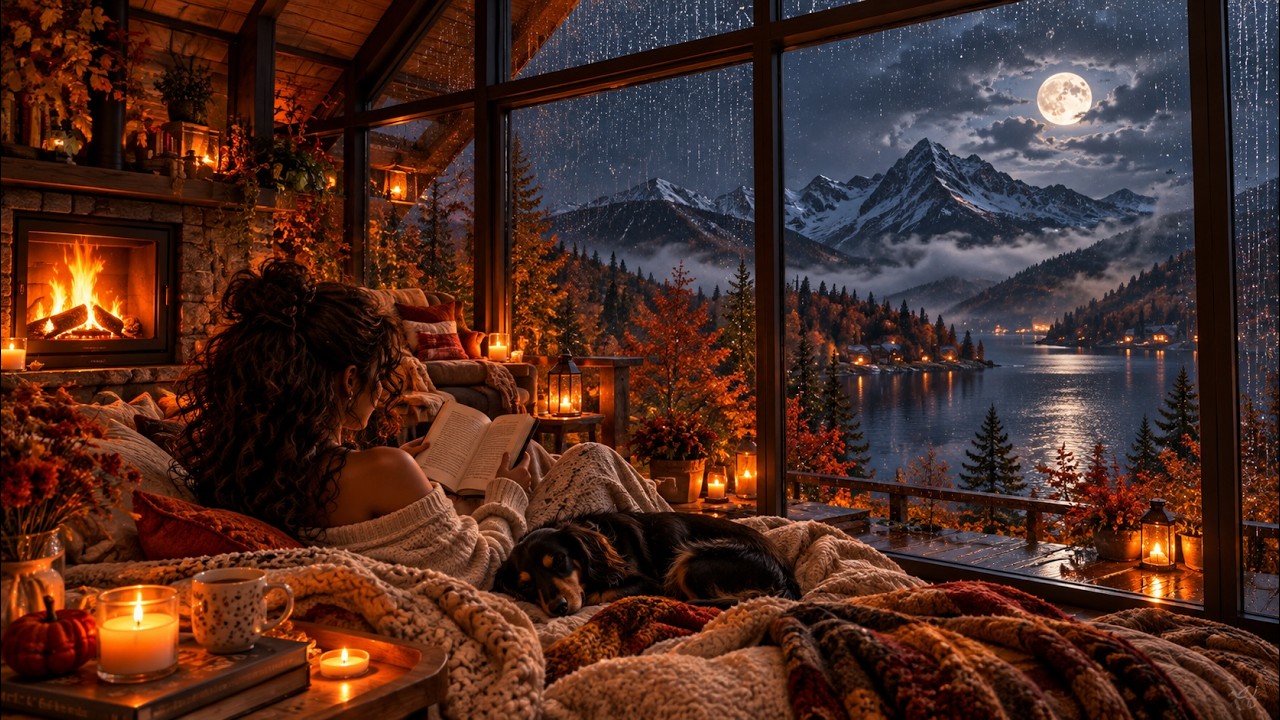 Rainy Fall Night in a Cozy Mountain Cabin 🍂 Rain & Fireplace Sounds for ...