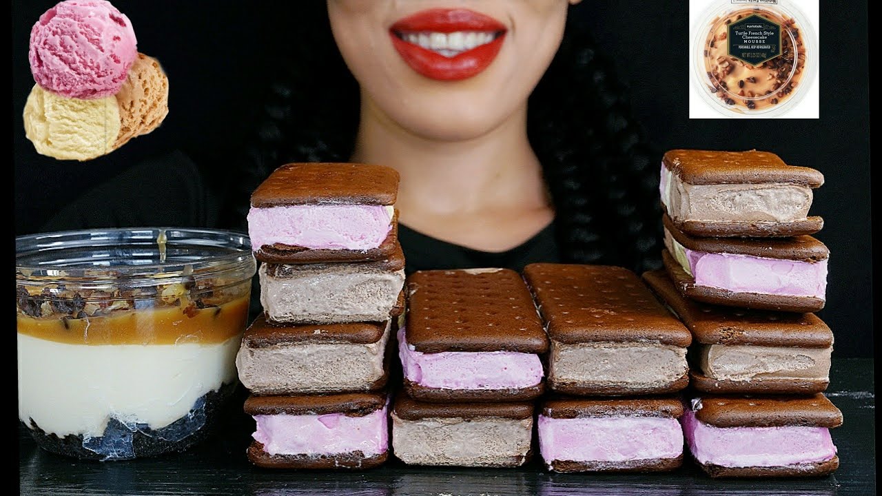 Neapolitan ice cream sandwiches + cheesecake Mouse | SATISFYING EATING SOUNDS *NO TALKING*
