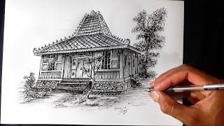 Cara Menggambar Rumah Adat Joglo  Hitam Putih Meggunakan Pulpen - Drawing Traditional House