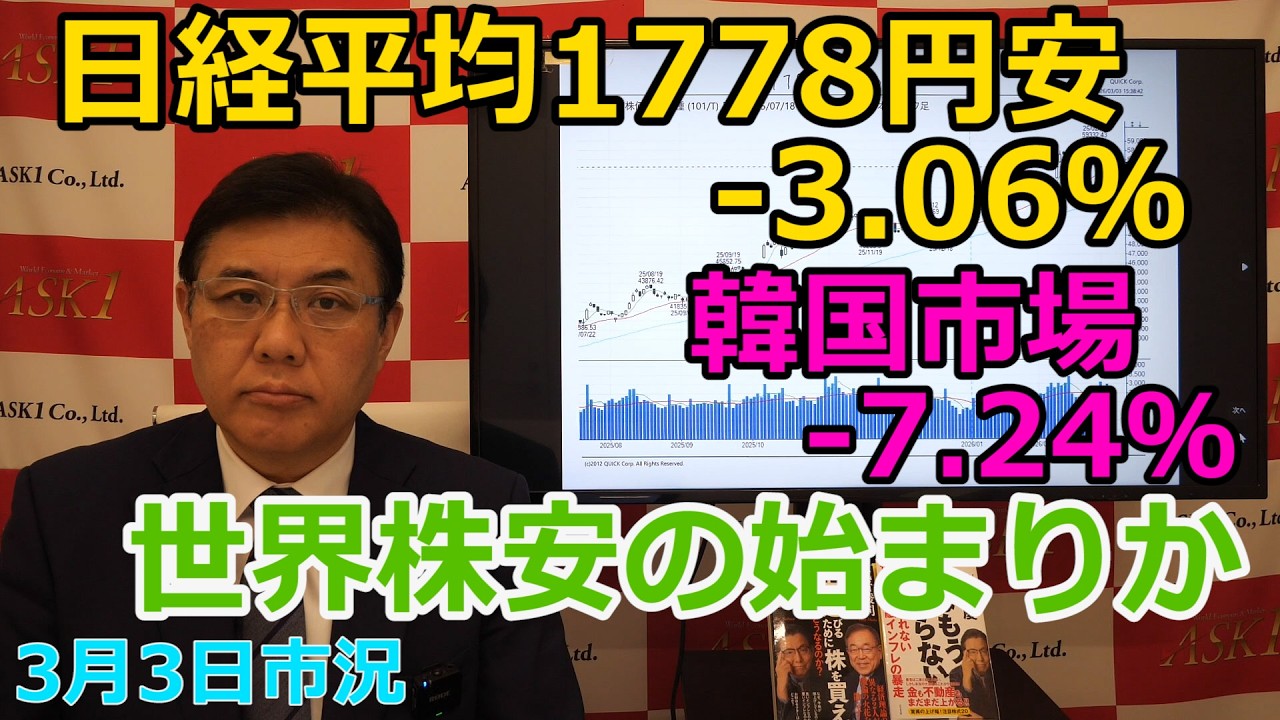 2026年3月3日【日経平均1778円安-3.06％　韓国市場-7.24％　世界株安の始まりか】（市況放送【毎日配信】）