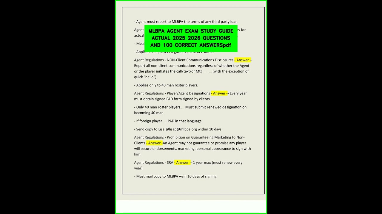 MLBPA AGENT EXAM STUDY GUIDE ACTUAL 2025 2026 QUESTIONS AND 100 CORRECT ANSWERSpdf video