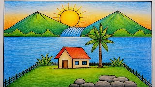 Beautiful Waterfall Landscape Drawing for Kids | Easy Nature Scenery Drawing .