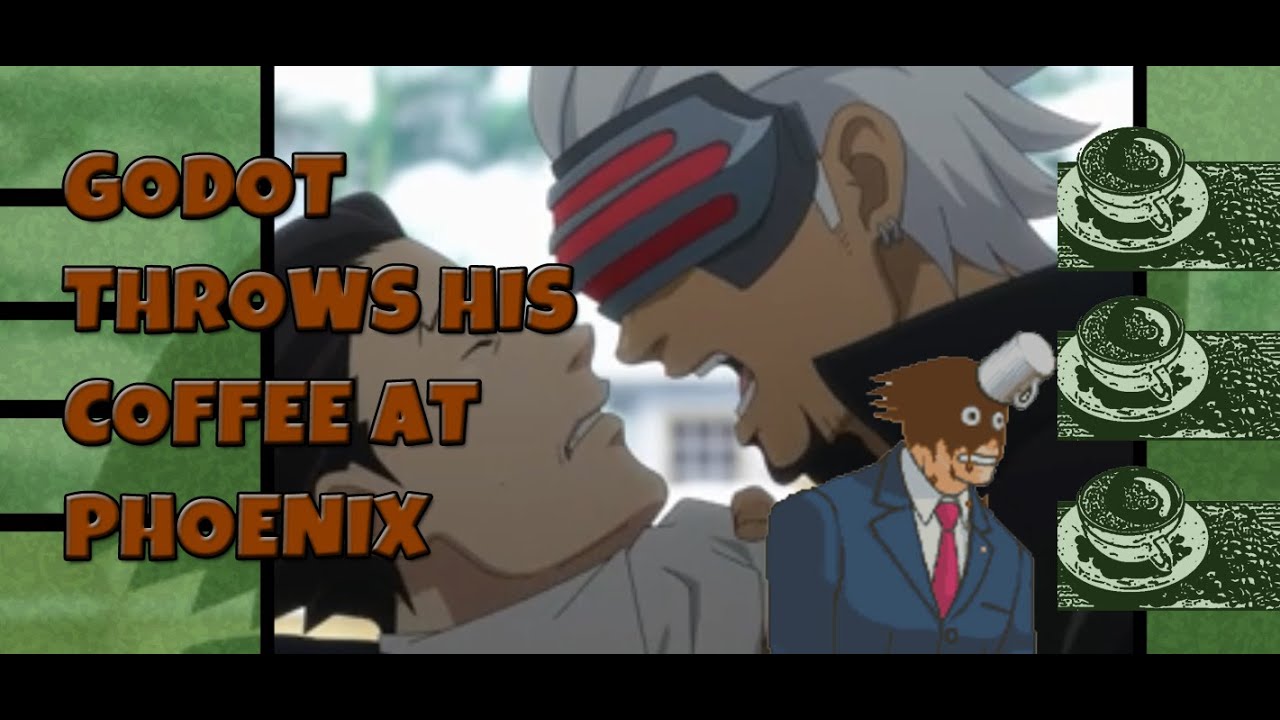 Ace Attorney Godot throws his coffee at Phoenix (In Game and Anime
