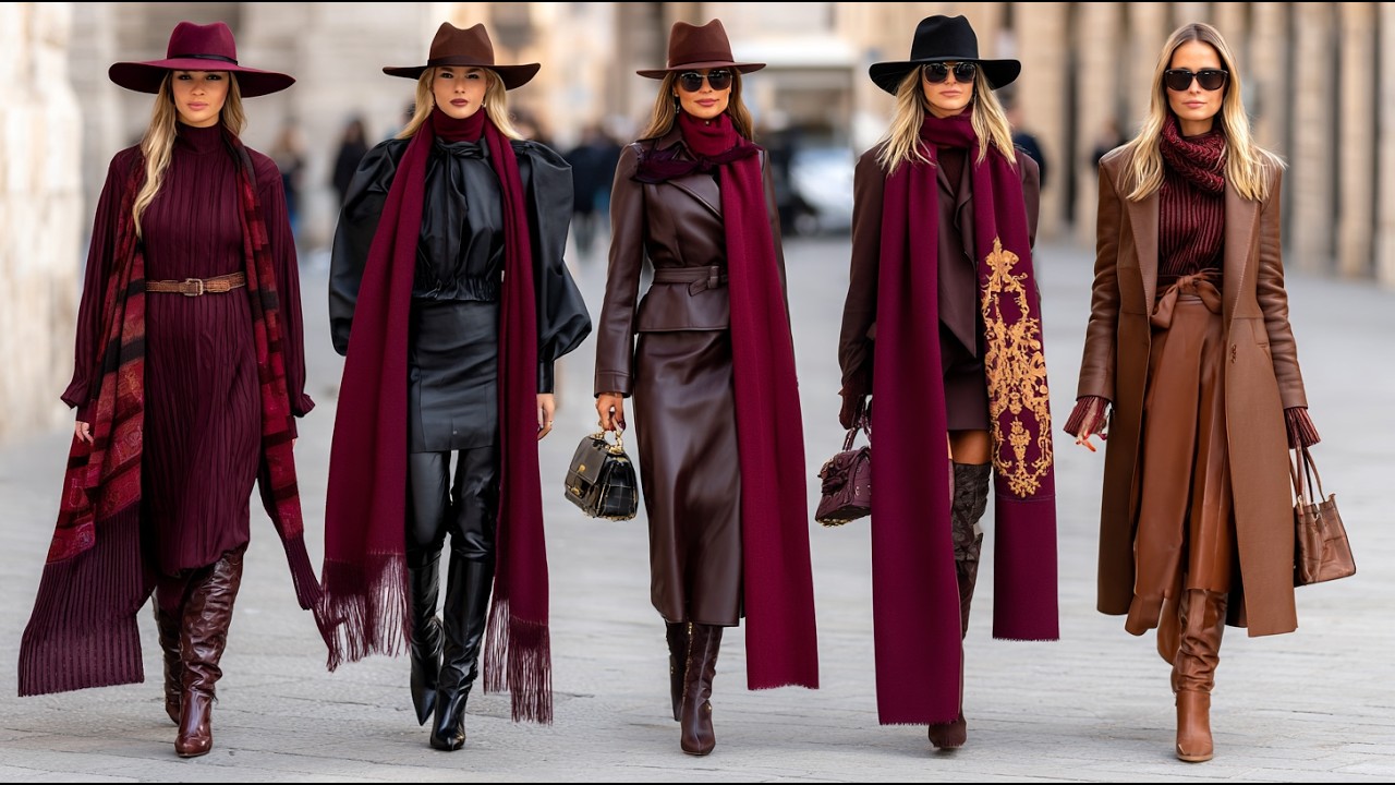 Уличный стиль Милана 2025: идеи модных образов в бордово-коричневых тонах на осень/зиму