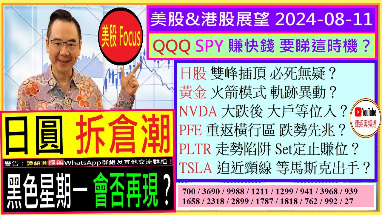 日圓拆倉潮 黑色星期一 會否再現？😰/日股 雙峰插頂 大鑊？😱/QQQ SPY賺快錢 睇這時機👈/NVDA大戶等位入？😘/PFE重返橫行區  跌勢先兆？🚦/TSLA等馬斯克出手？😆/2024-08-11