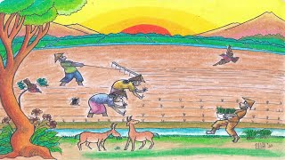 Cara Menggambar Petani Menanam Padi Dengan Crayon/Oil Pastel