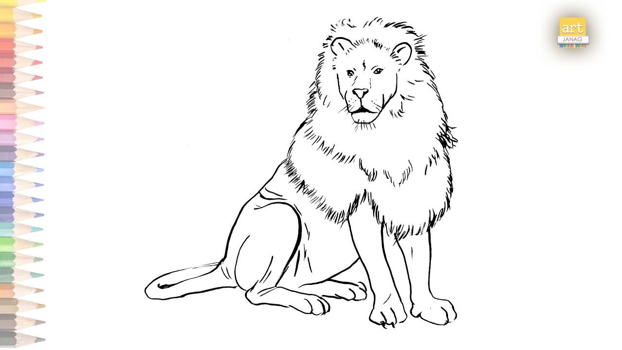 Lion outline sketch easy | How to draw Sitting Lion drawing step ...