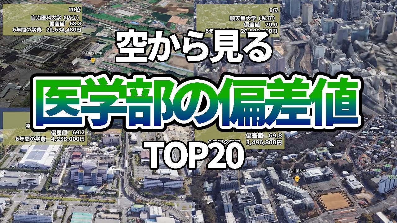 【空から見る】医学部偏差値ランキングTOP20