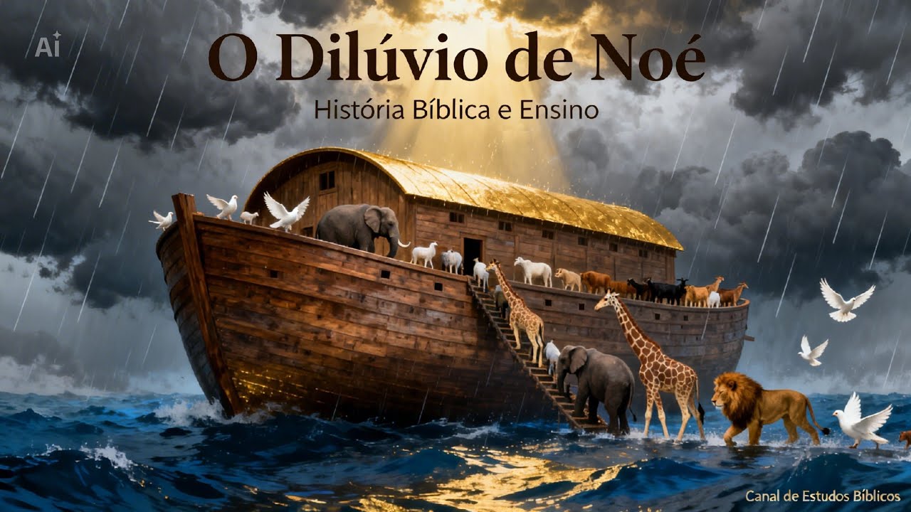 O Dilúvio de Noé. Deus envia uma grande inundação, mas salva Noé e sua família em uma arca.