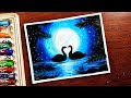 🌙 Easy Moonlight Swan Drawing with Oil Pastels | Romantic Night Scenery Art #video 