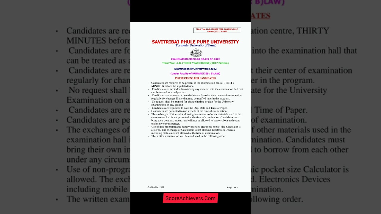 Pune University LL.B third year  Exam timetable - Dec 2022 