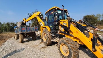JCB Backhoe Loader Loading Stone in Tractor - JCB Machine Working