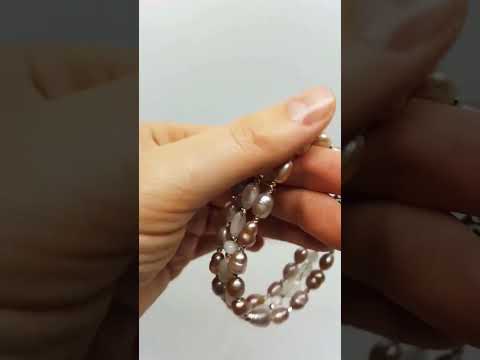 Шикарний трьохрядний браслет натуральні річкові перли, місячний камінь, перламутр, видео 1