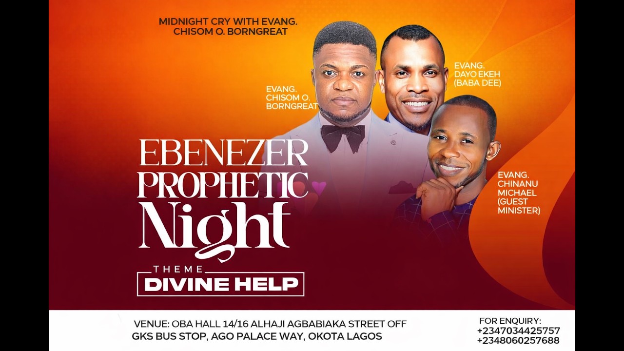 Watch MIDNIGHT CRY WITH EVANGELIST CHISOM BORNGREAT. EBENEZER PROPHETIC NIGHT WITH THE THEME; DIVINE HELP on YouTube Watch MIDNIGHT CRY WITH EVANGELIST CHISOM BORNGREAT. EBENEZER PROPHETIC NIGHT WITH THE THEME; DIVINE HELP on YouTube