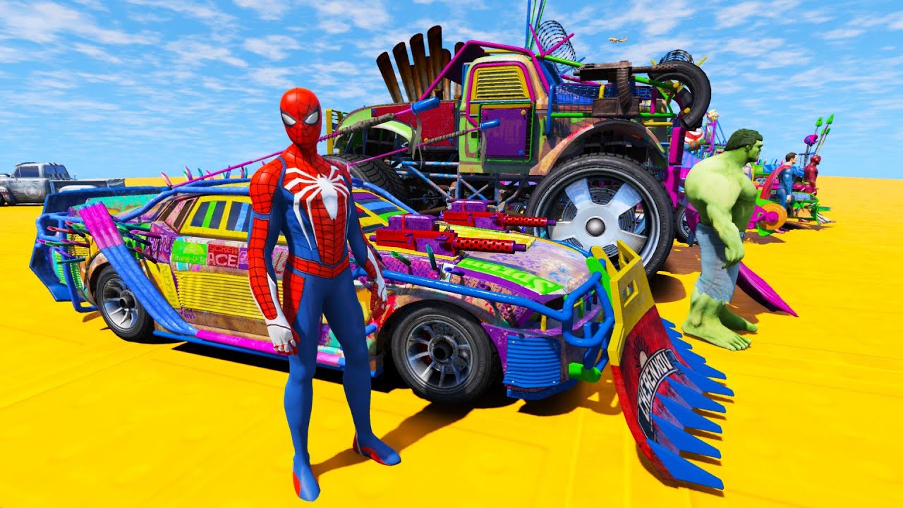 صورة فيديو : MONSTER CARS! SPIDER-MAN with SUPERHEROES on MEGA BIG JUMP CHALLENGE – GTA V MOD