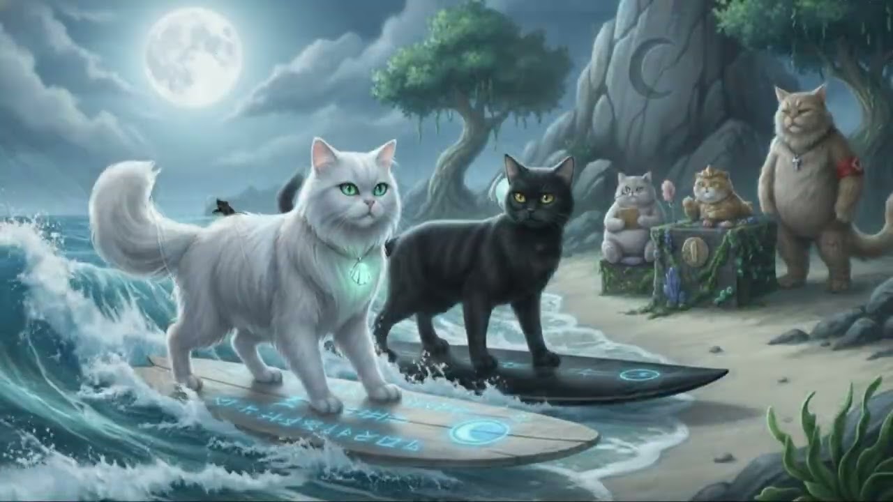 A magical surfing cat that teaches courage, perfect  every heart that still believes in stories.” 🐾✨