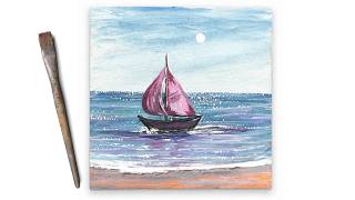 Vom einfachen Meerbild zum Funkelmeer mit Segelboot | Acryl malen Vorher-Nachher